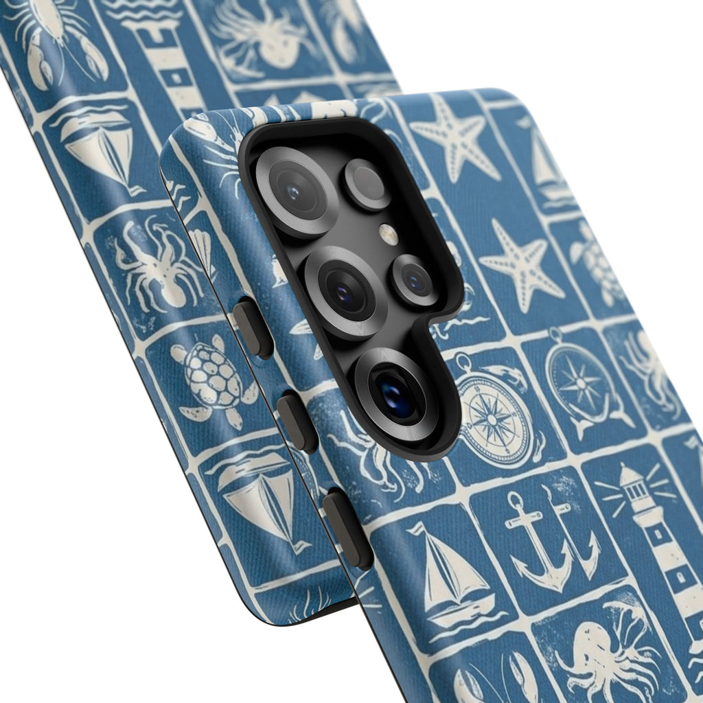 Nautical Tile Phone Case — Blue Coastal Icons (lighthouse, anchor, seashells)