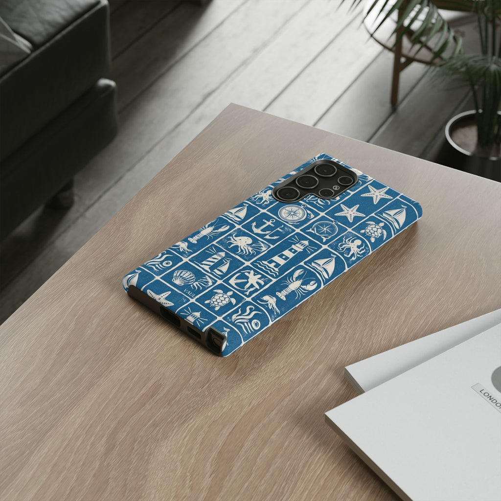 Nautical Tile Phone Case — Blue Coastal Icons (lighthouse, anchor, seashells)