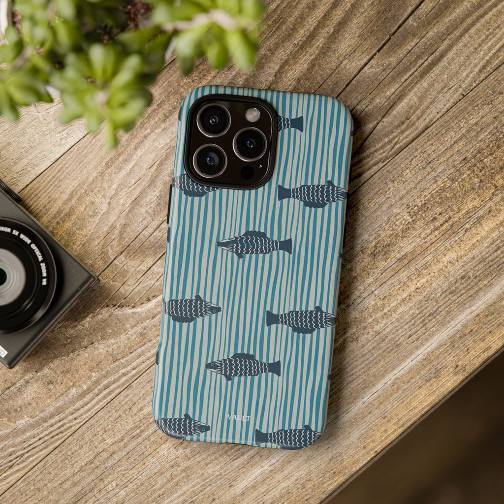 Fish Pattern Tough Phone Case — Blue Striped Ocean Design