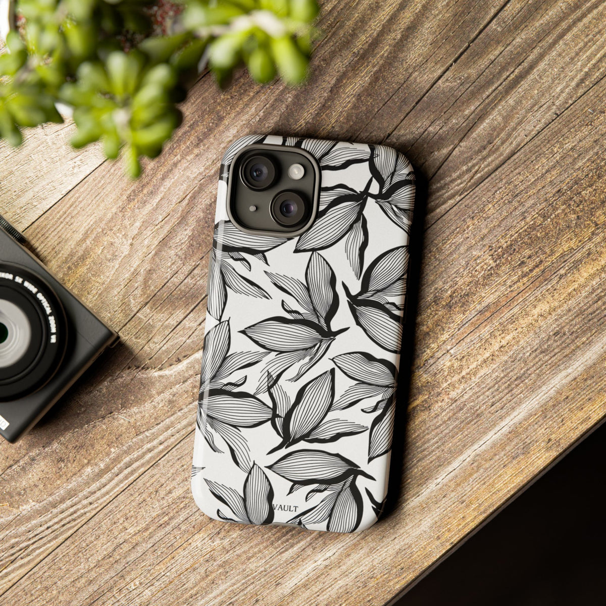 Floral Leaves Tough Phone Case – Black & White Botanical Protection