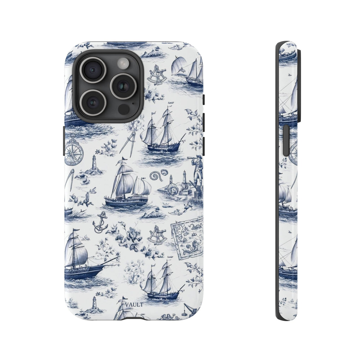 Nautical Vintage Ship Tough Phone Case — Blue Toile Sailboat Pattern