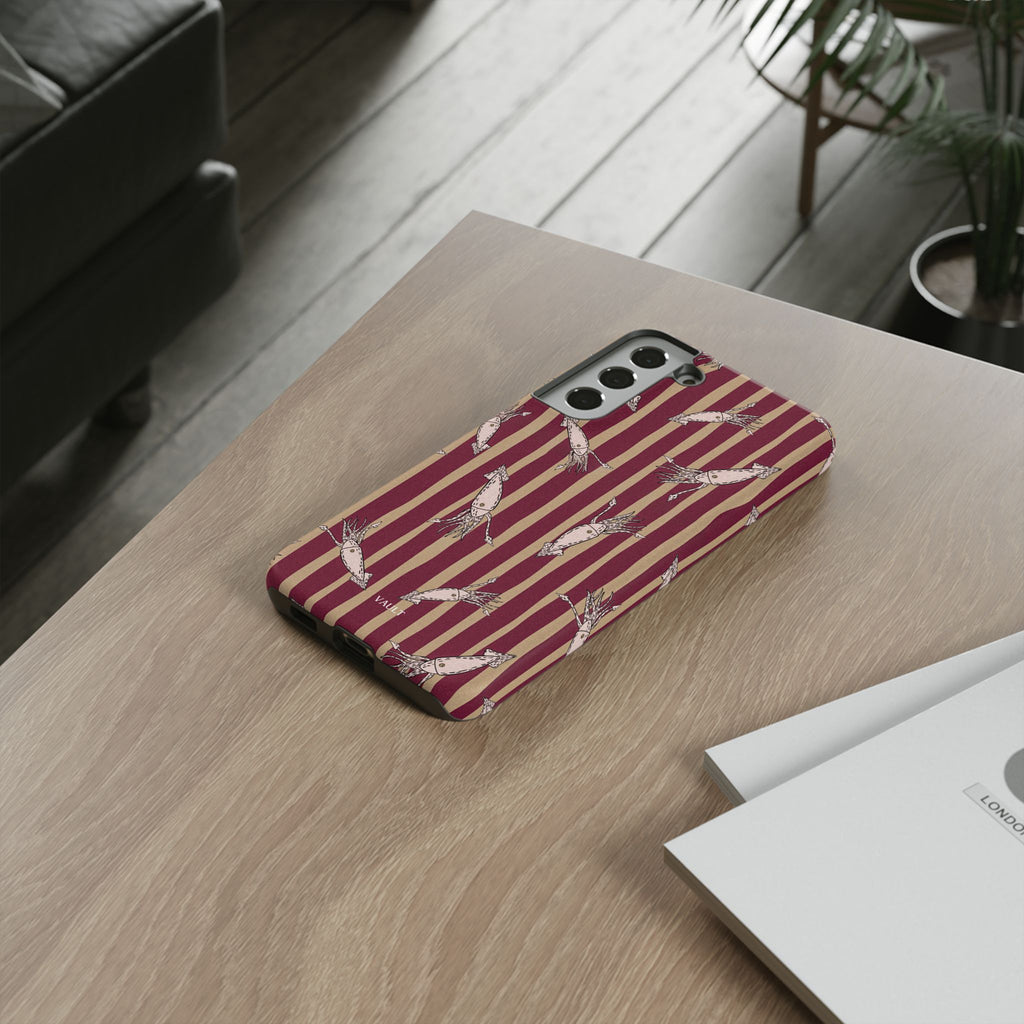 Phone Case - Vintage Shrimp Pattern on Burgundy Stripes