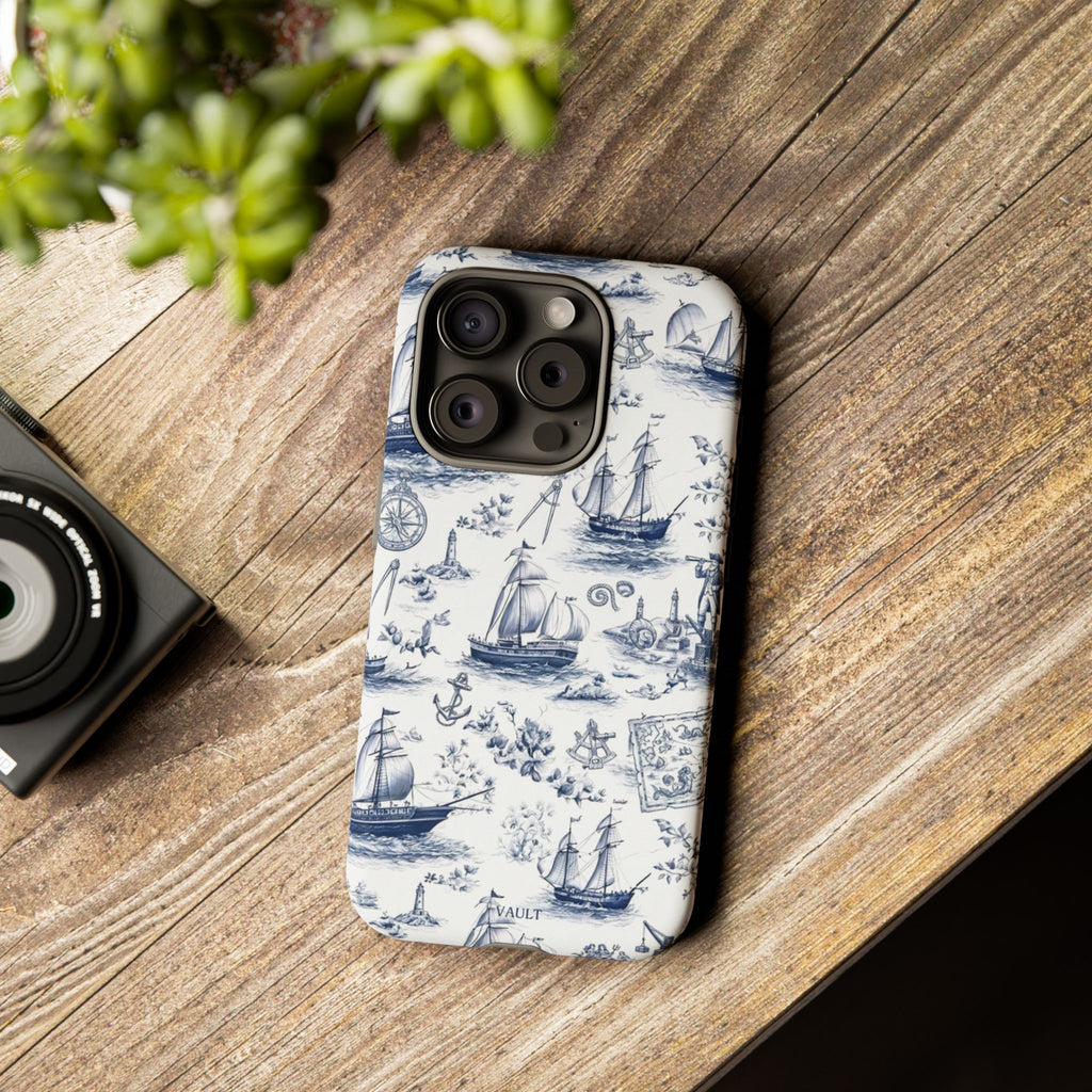 Nautical Vintage Ship Tough Phone Case — Blue Toile Sailboat Pattern