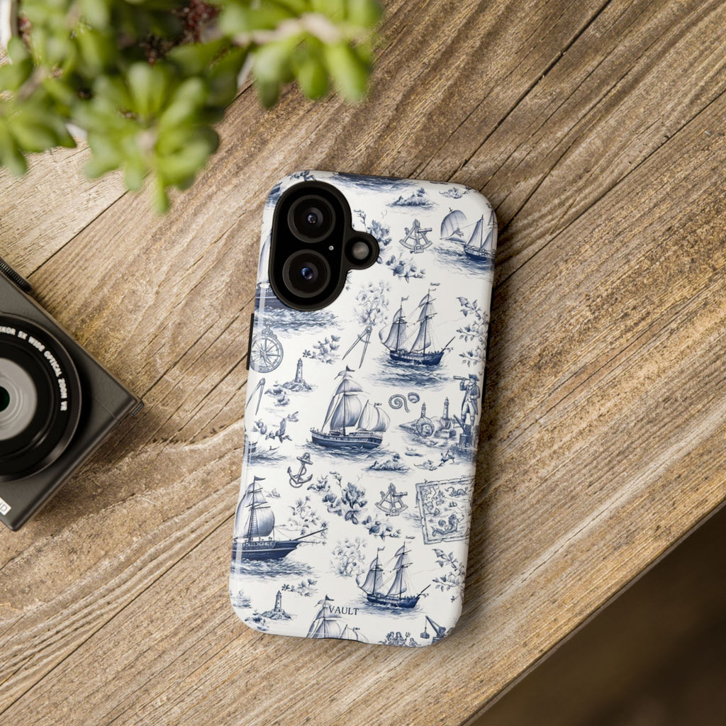Nautical Vintage Ship Tough Phone Case — Blue Toile Sailboat Pattern