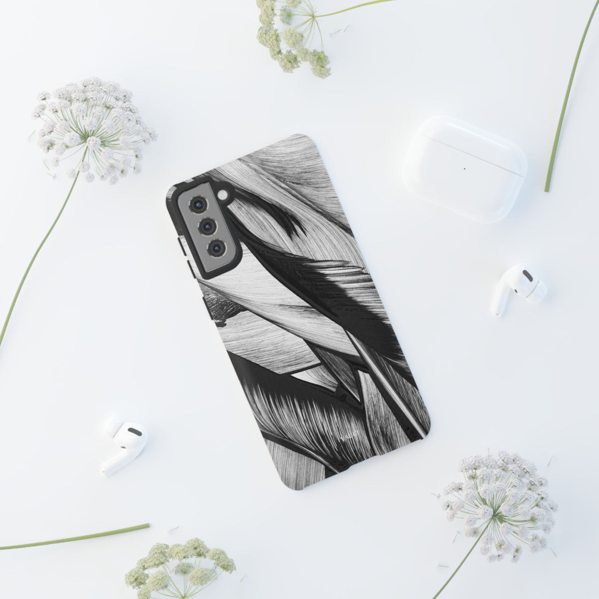Monochrome Tropical Leaf Tough Phone Case — Black & White Botanical Protective Cover