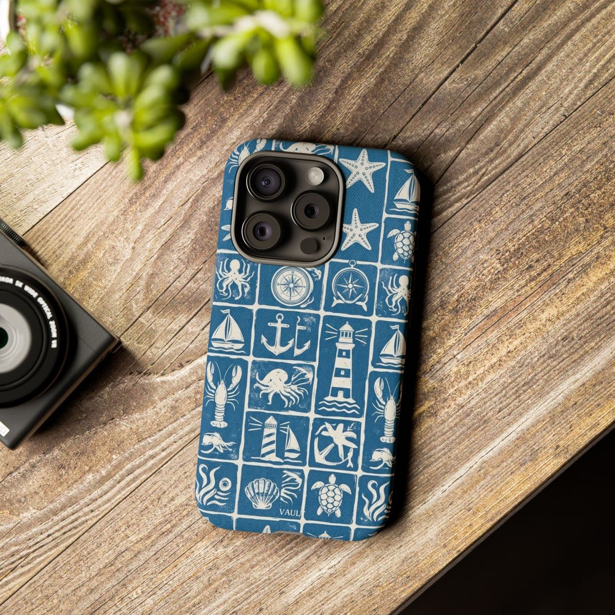 Nautical Tile Phone Case — Blue Coastal Icons (lighthouse, anchor, seashells)