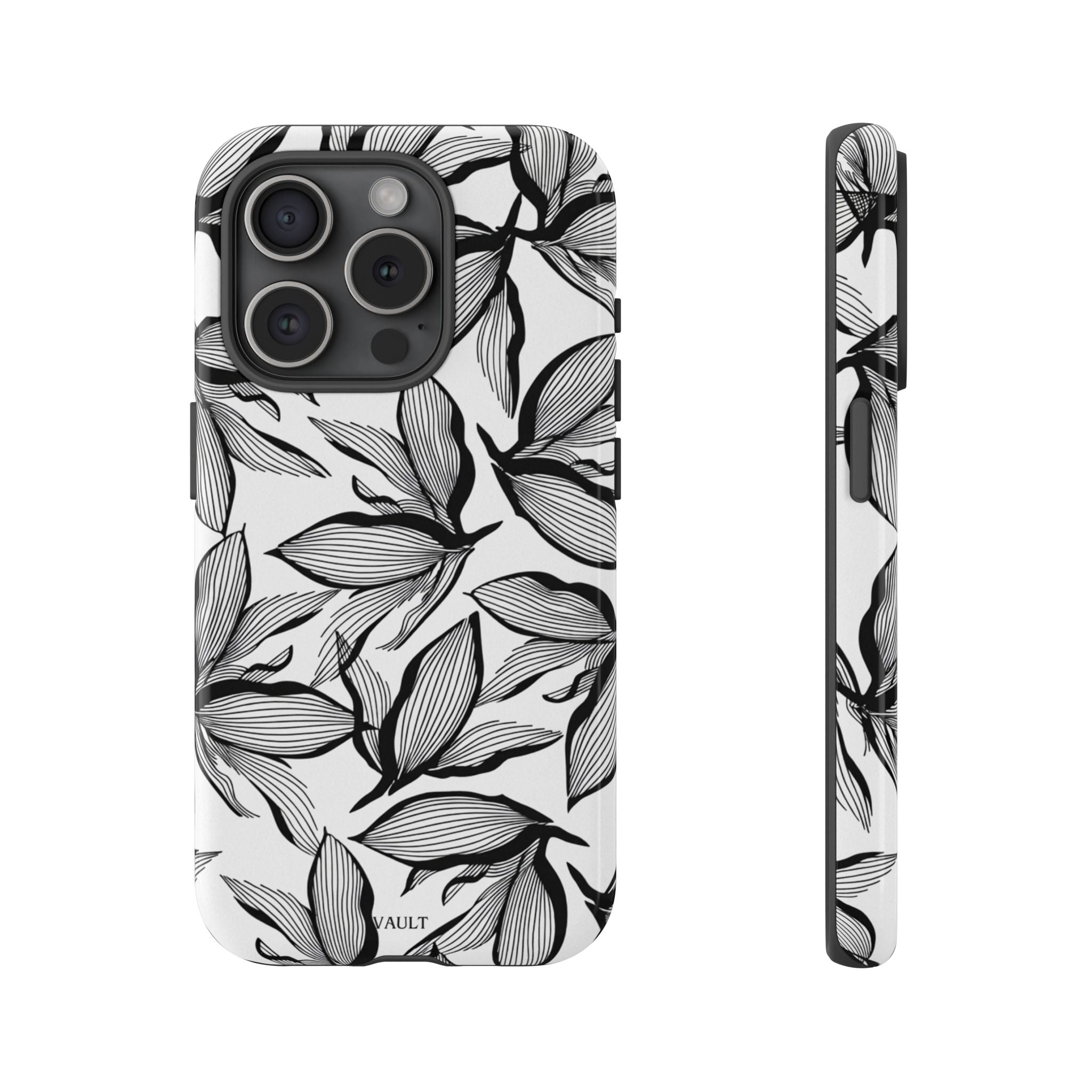 Floral Leaves Tough Phone Case – Black & White Botanical Protection
