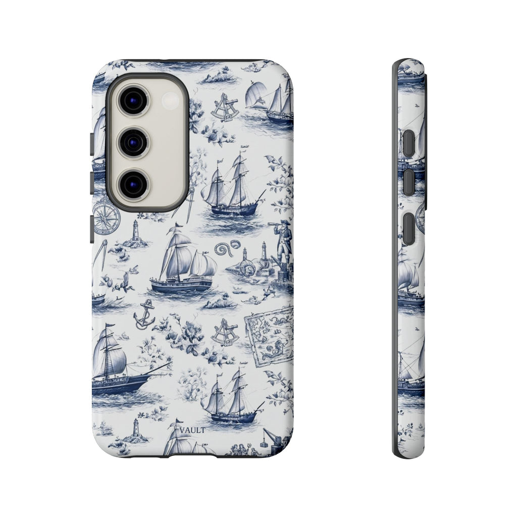 Nautical Vintage Ship Tough Phone Case — Blue Toile Sailboat Pattern