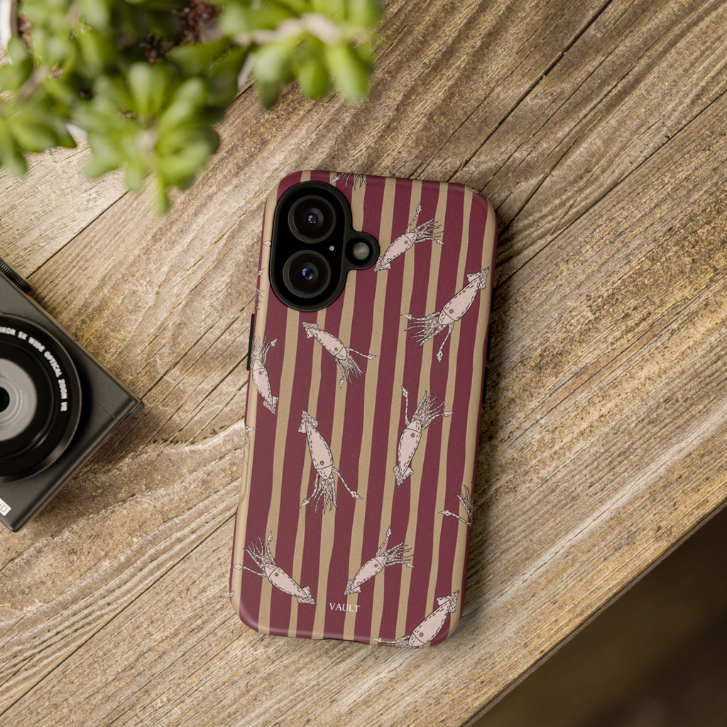 Phone Case - Vintage Shrimp Pattern on Burgundy Stripes