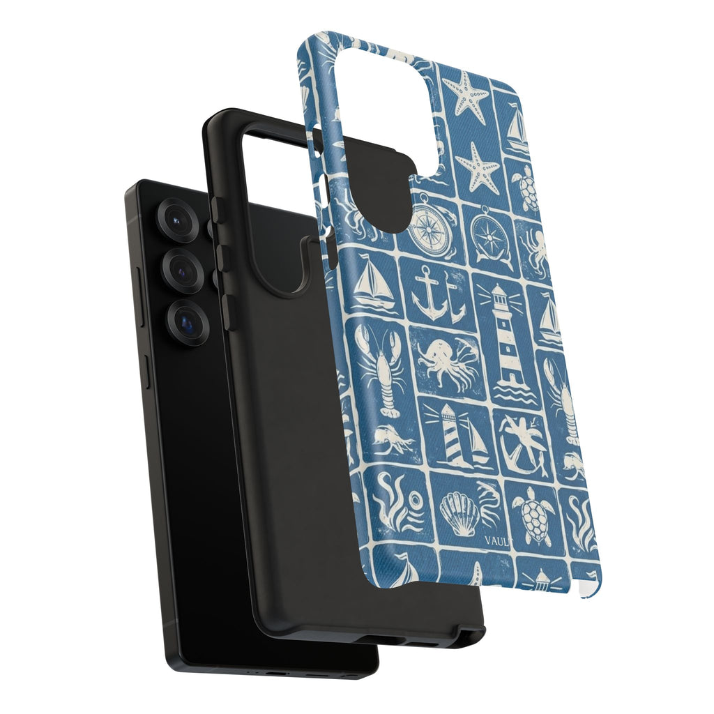 Nautical Tile Phone Case — Blue Coastal Icons (lighthouse, anchor, seashells)