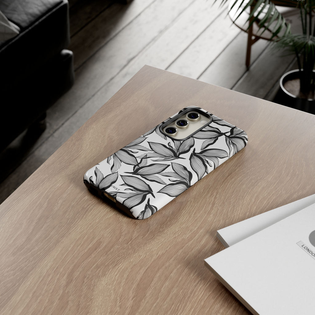 Floral Leaves Tough Phone Case – Black & White Botanical Protection