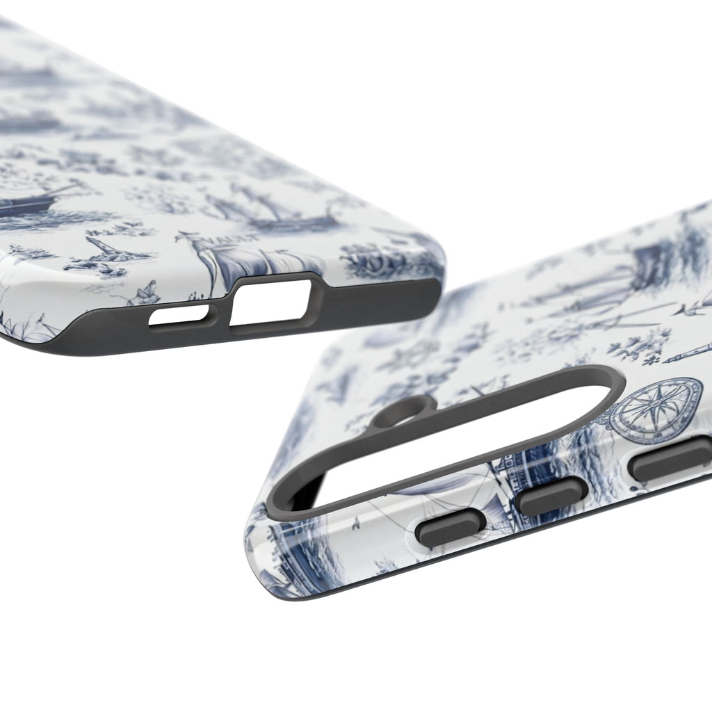 Nautical Vintage Ship Tough Phone Case — Blue Toile Sailboat Pattern