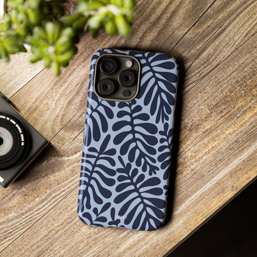 Floral Fern Tough Phone Case – Navy Blue on Light Blue, Protective Slim Cover