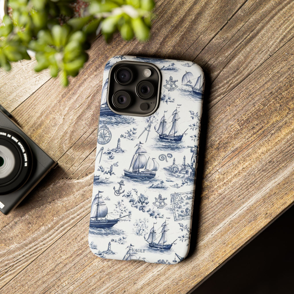 Nautical Vintage Ship Tough Phone Case — Blue Toile Sailboat Pattern