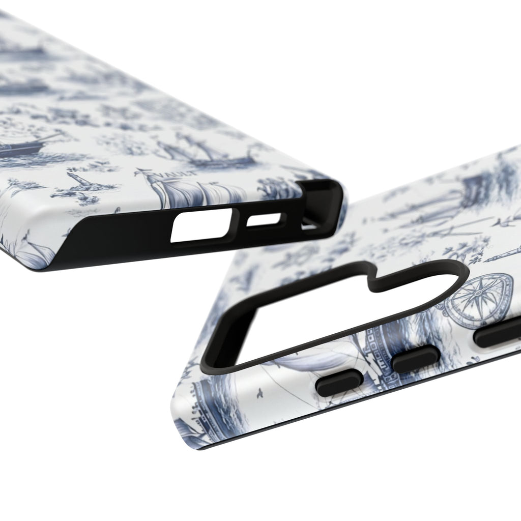 Nautical Vintage Ship Tough Phone Case — Blue Toile Sailboat Pattern