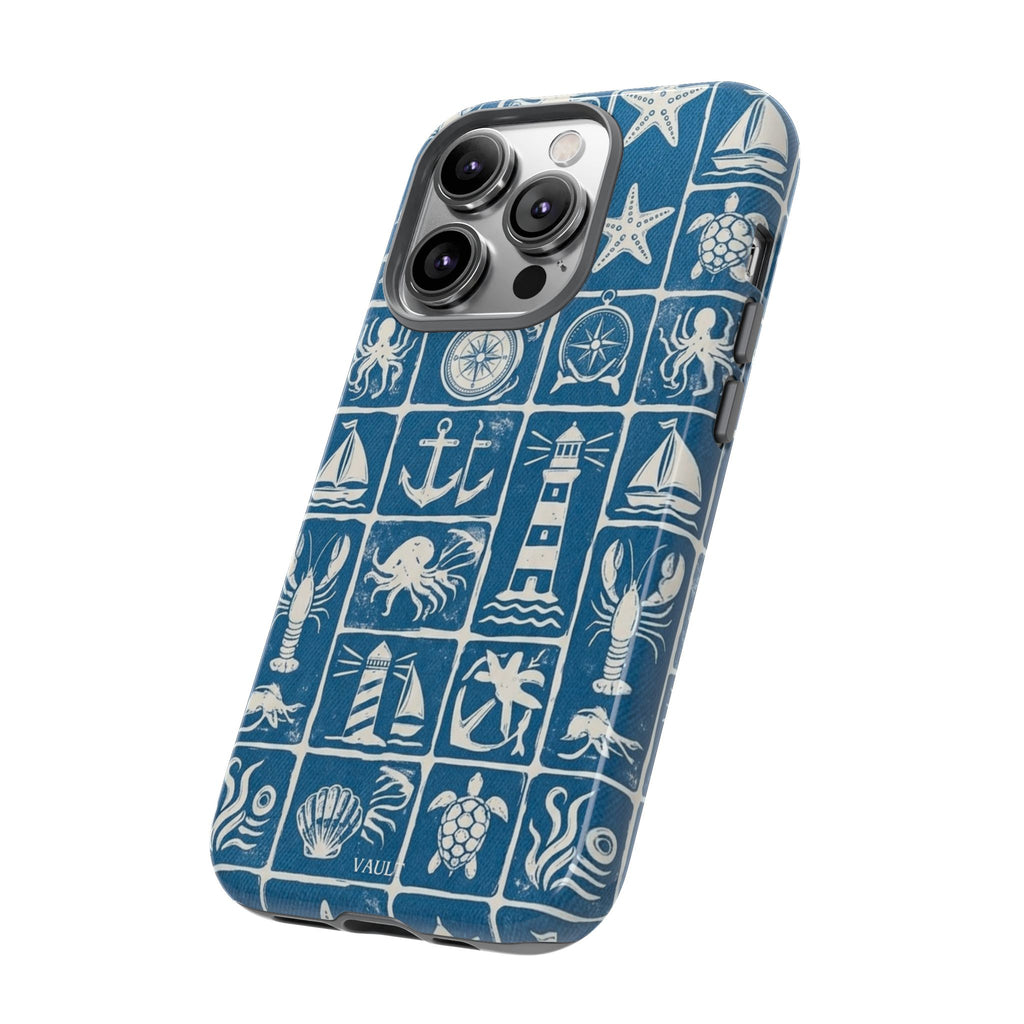 Nautical Tile Phone Case — Blue Coastal Icons (lighthouse, anchor, seashells)