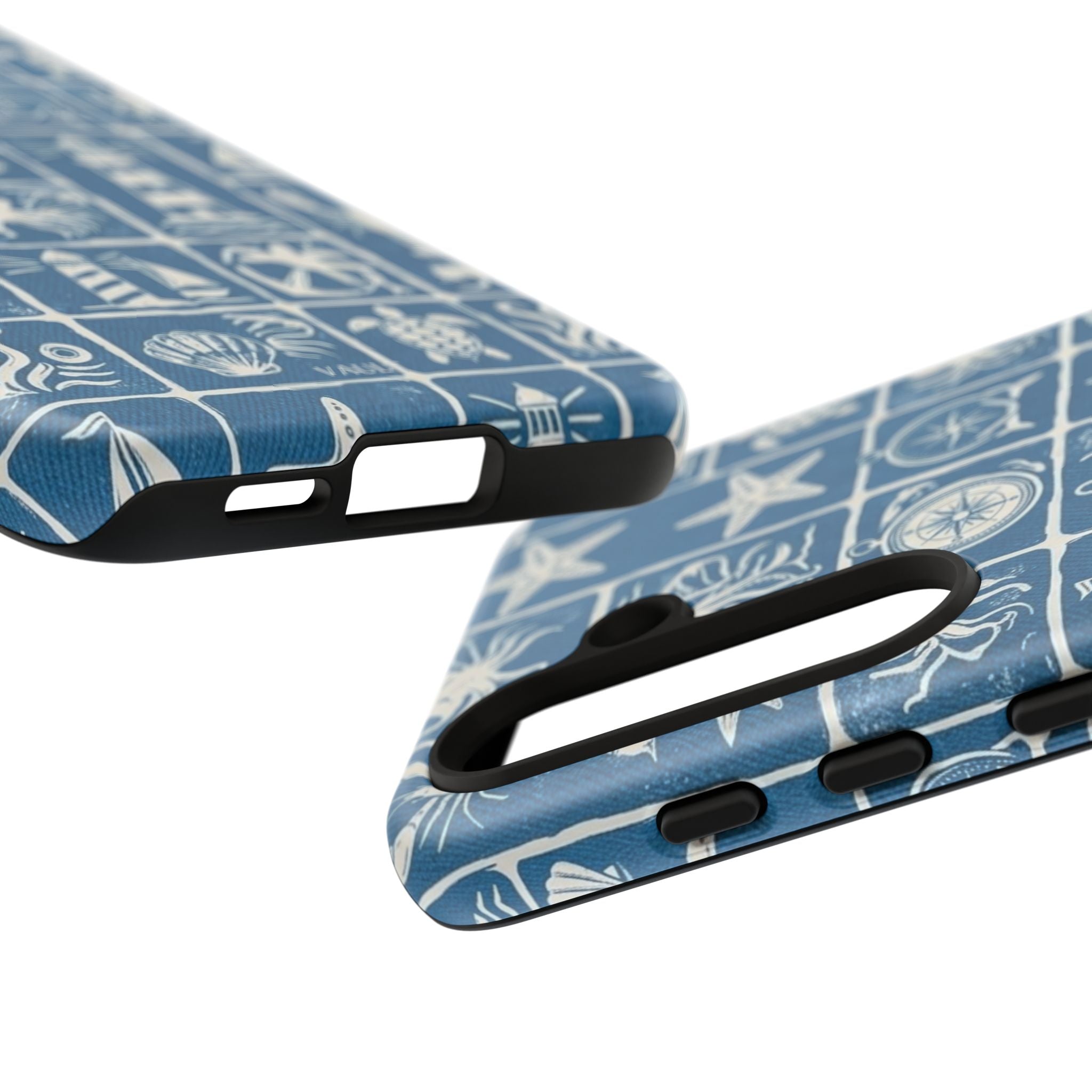 Nautical Tile Phone Case — Blue Coastal Icons (lighthouse, anchor, seashells)