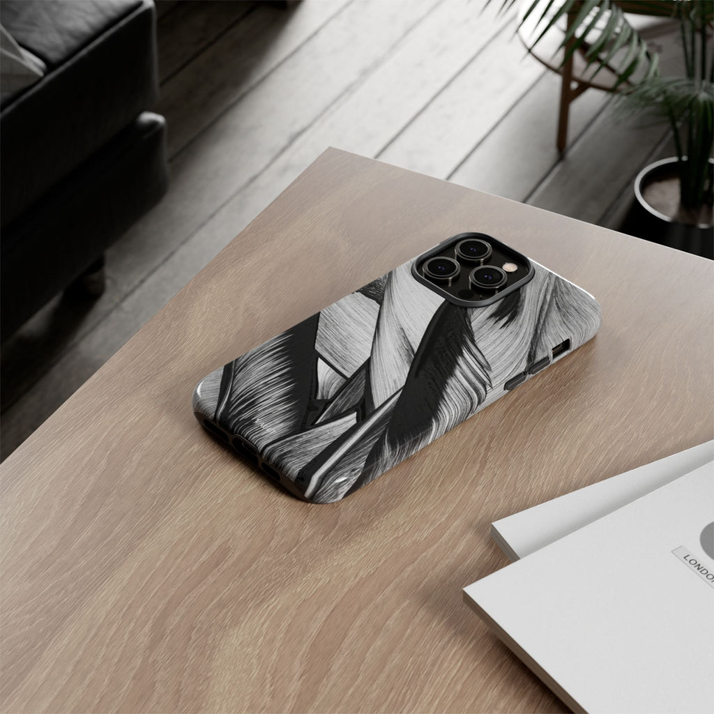 Monochrome Tropical Leaf Tough Phone Case — Black & White Botanical Protective Cover