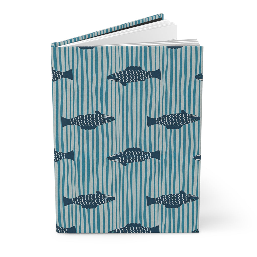 Fish Pattern Hardcover Journal — Nautical Blue Striped Notebook