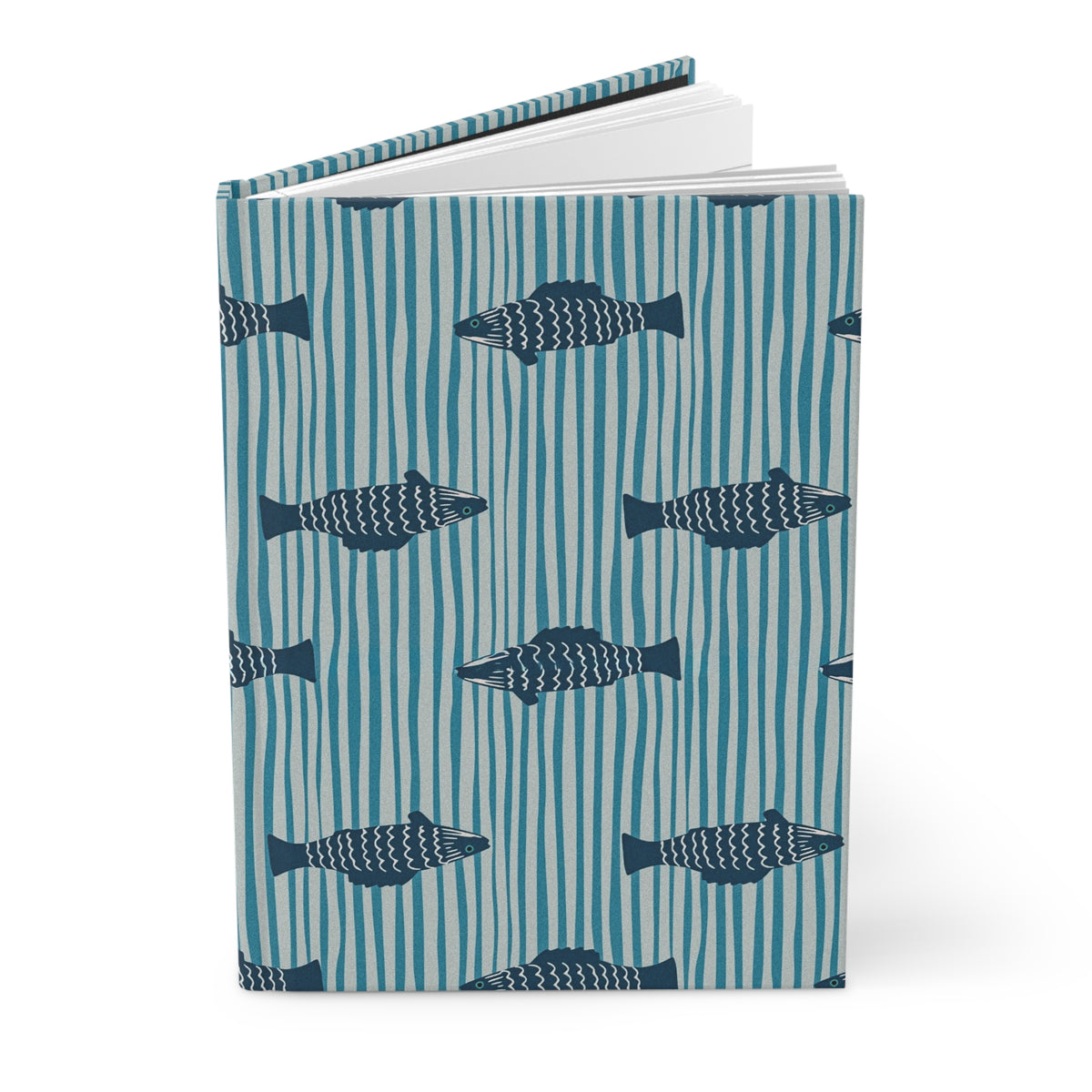 Fish Pattern Hardcover Journal — Nautical Blue Striped Notebook