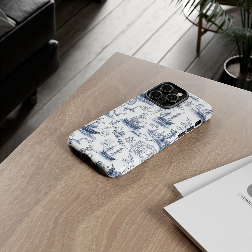 Nautical Vintage Ship Tough Phone Case — Blue Toile Sailboat Pattern