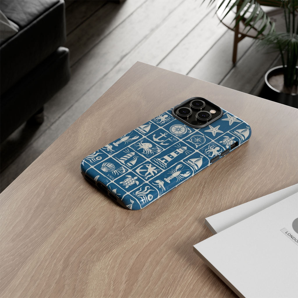 Nautical Tile Phone Case — Blue Coastal Icons (lighthouse, anchor, seashells)
