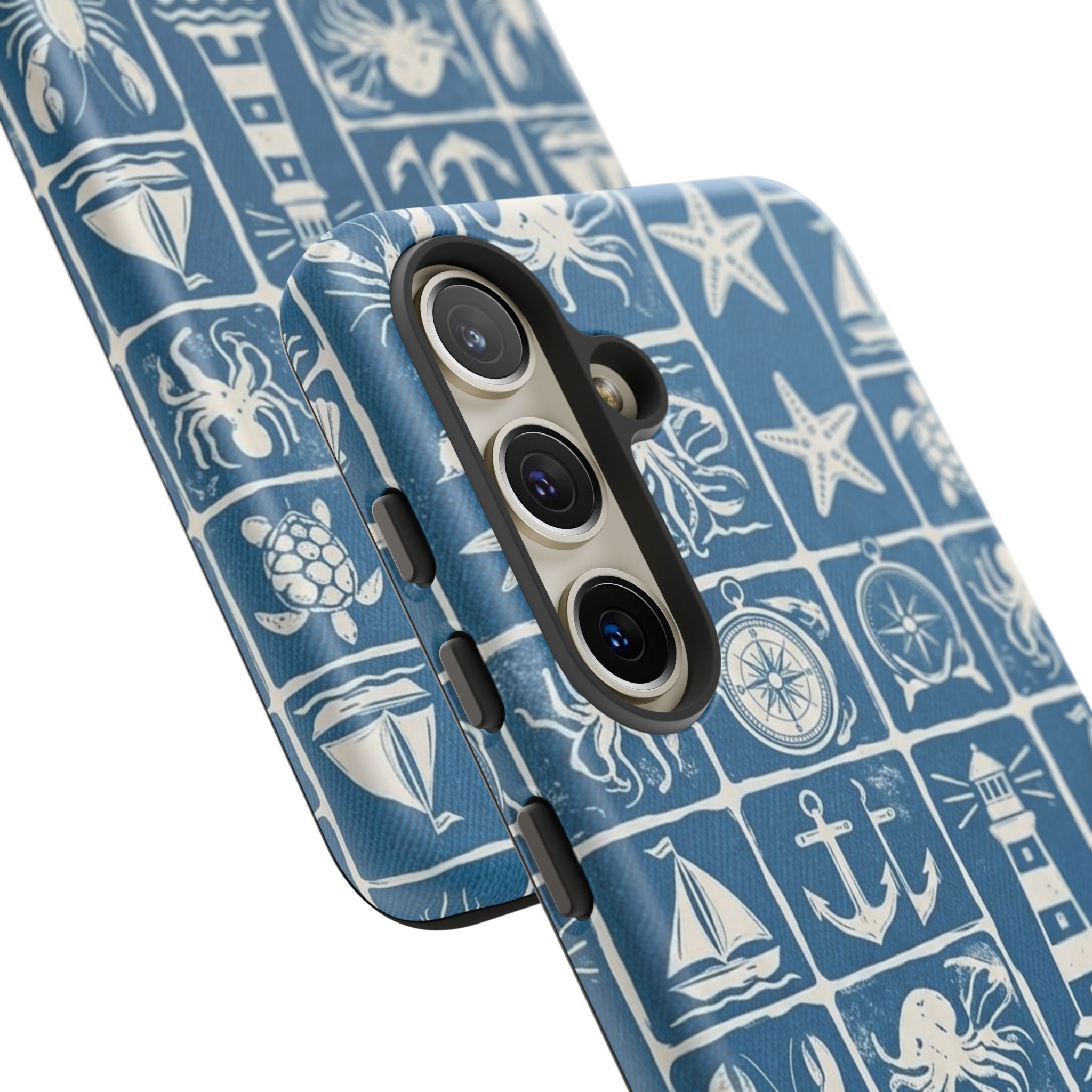 Nautical Tile Phone Case — Blue Coastal Icons (lighthouse, anchor, seashells)