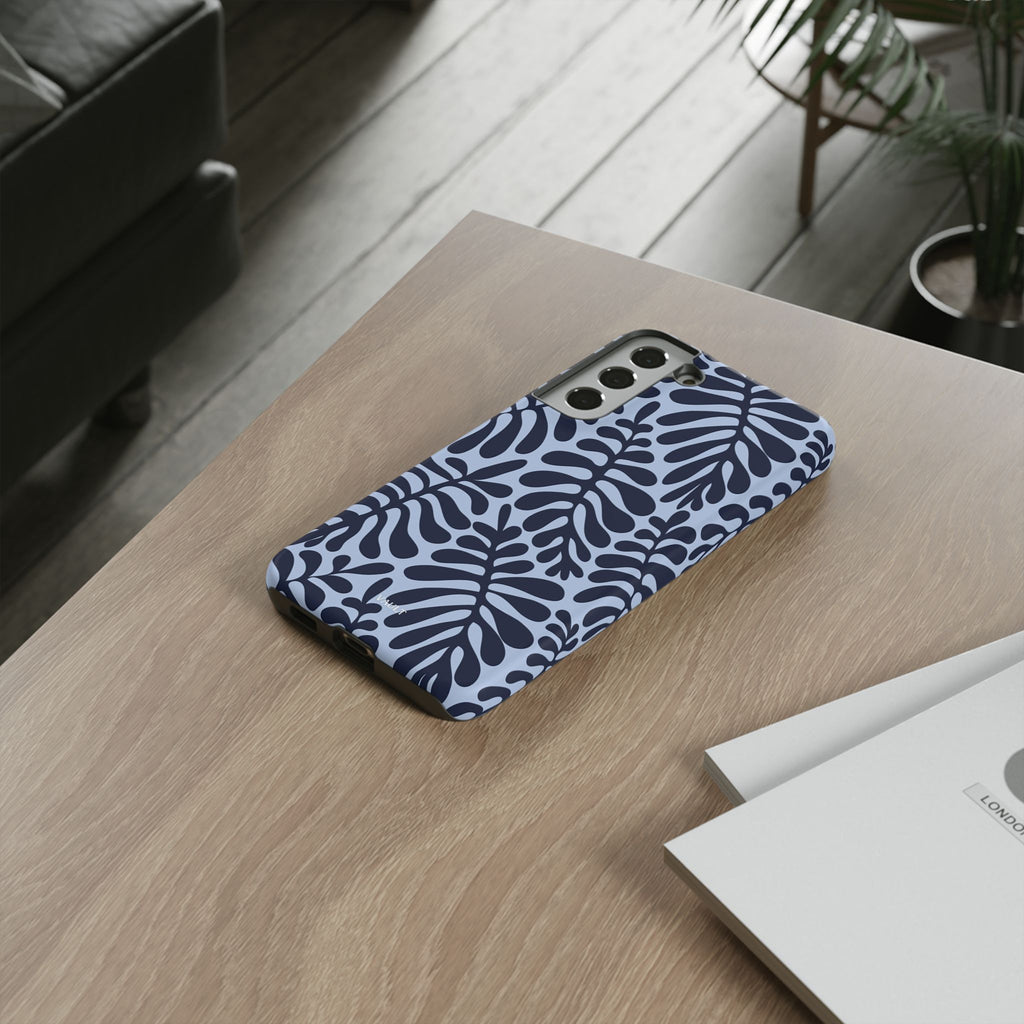 Floral Fern Tough Phone Case – Navy Blue on Light Blue, Protective Slim Cover