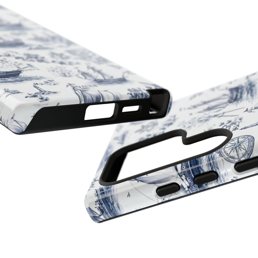 Nautical Vintage Ship Tough Phone Case — Blue Toile Sailboat Pattern