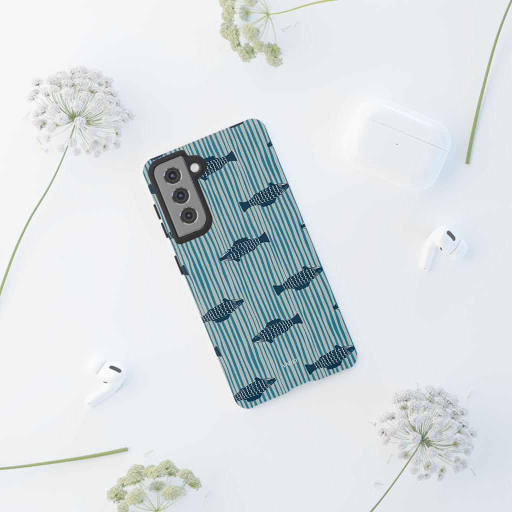 Fish Pattern Tough Phone Case — Blue Striped Ocean Design