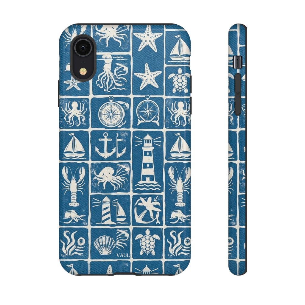 Nautical Tile Phone Case — Blue Coastal Icons (lighthouse, anchor, seashells)