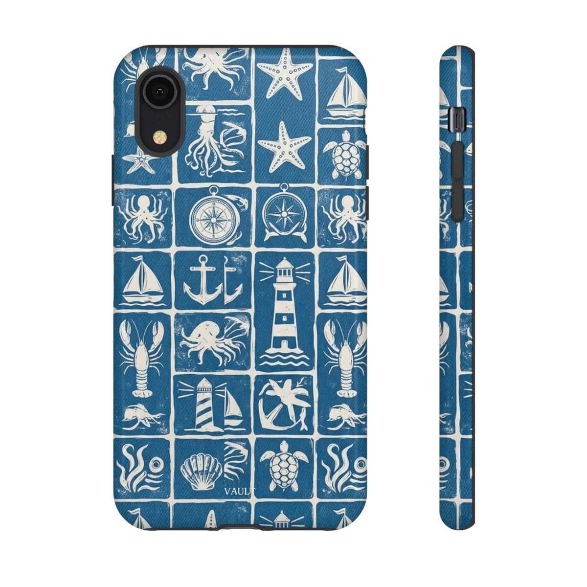 Nautical Tile Phone Case — Blue Coastal Icons (lighthouse, anchor, seashells)