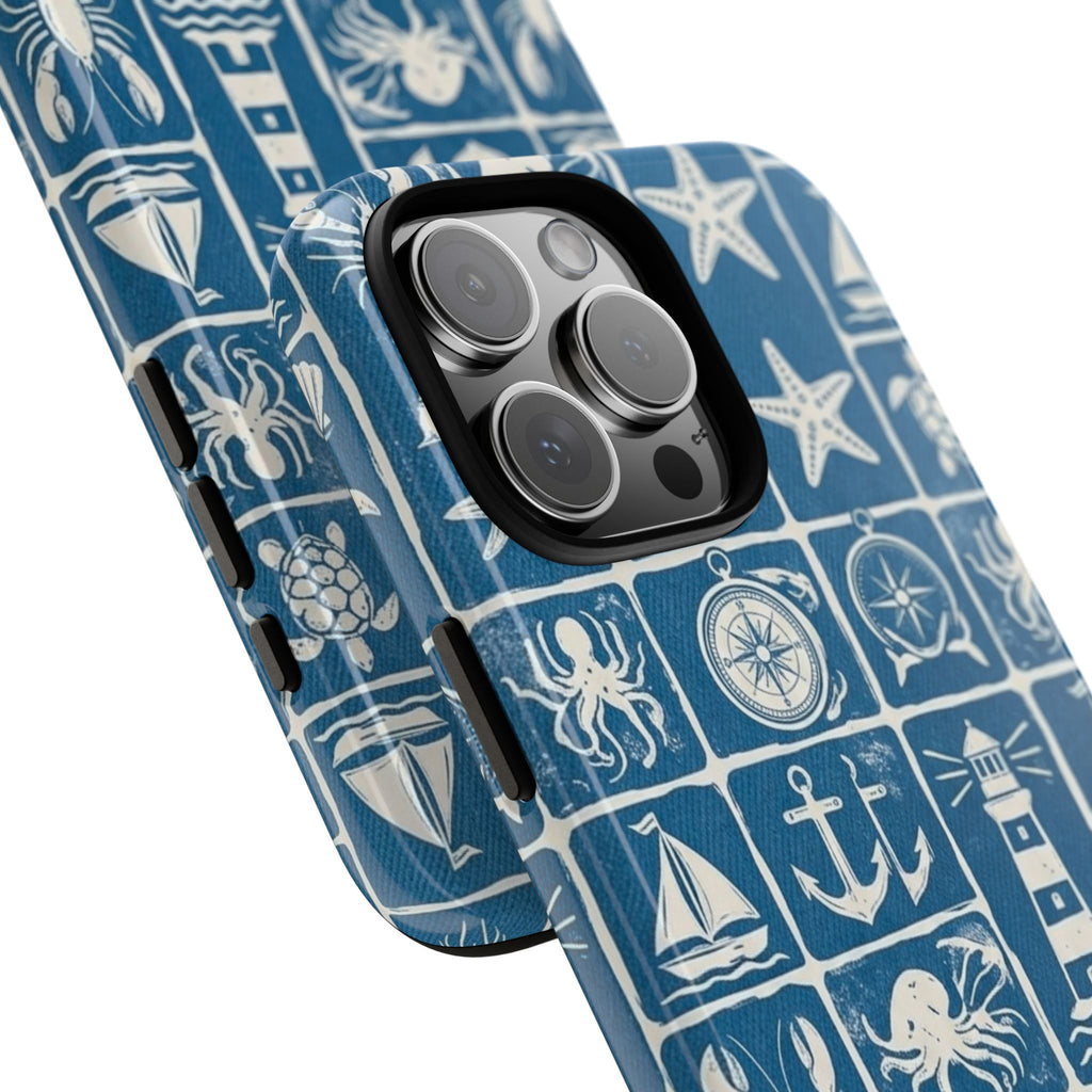 Nautical Tile Phone Case — Blue Coastal Icons (lighthouse, anchor, seashells)