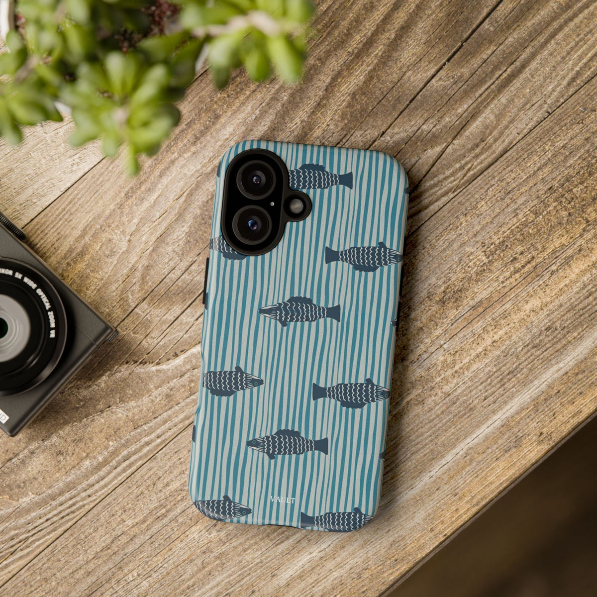 Fish Pattern Tough Phone Case — Blue Striped Ocean Design