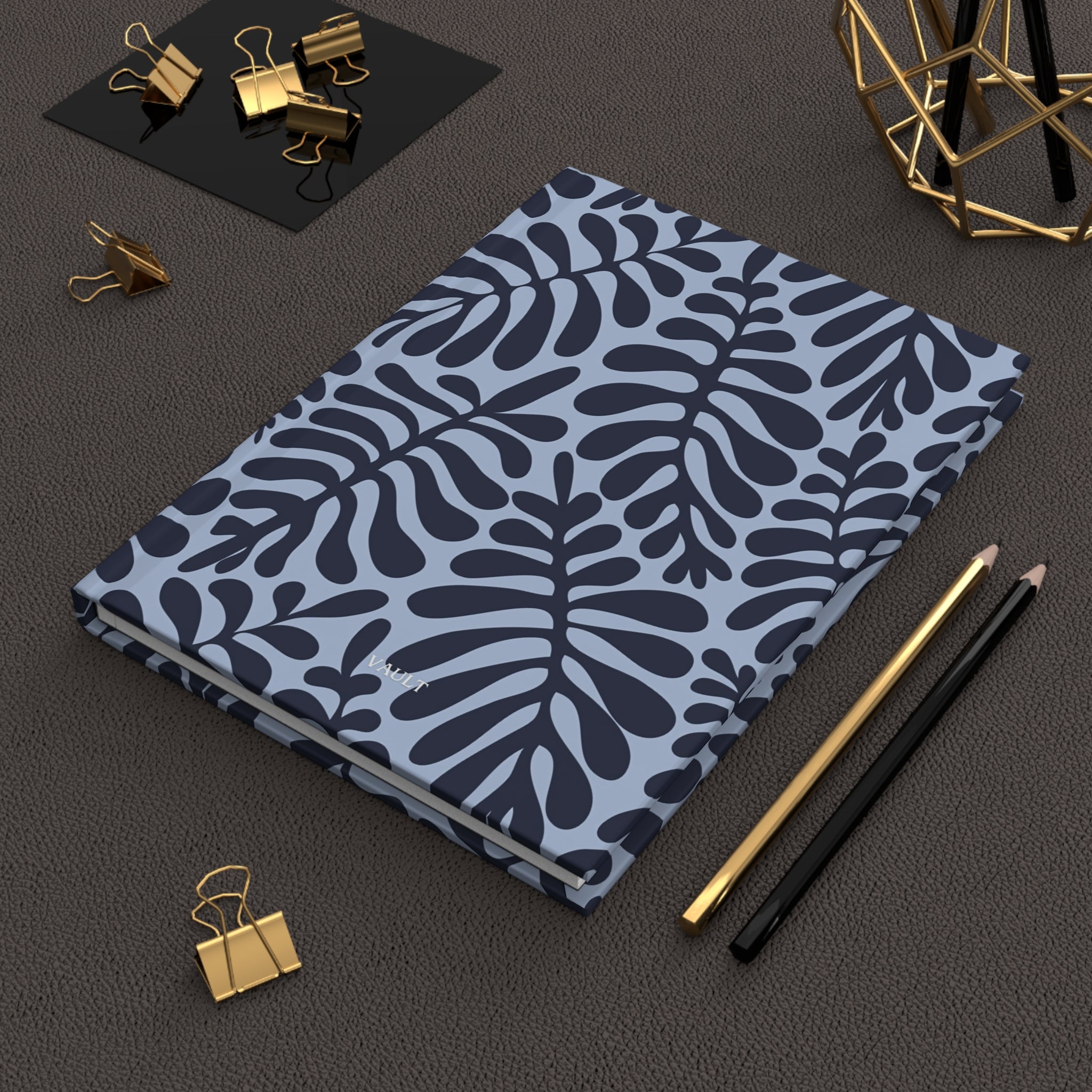 Botanical Leaves Hardcover Journal — Matte Blue Fern Pattern Notebook