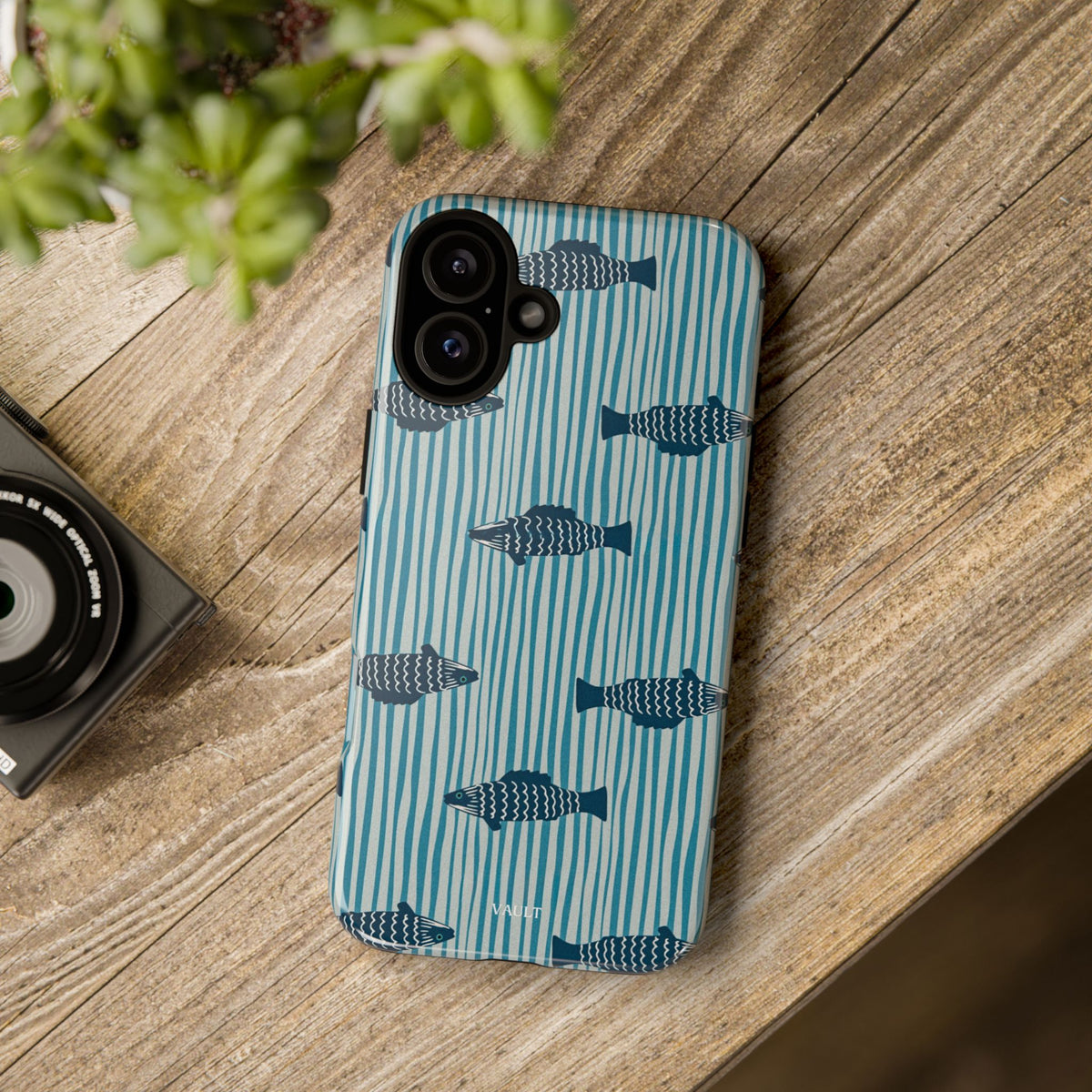 Fish Pattern Tough Phone Case — Blue Striped Ocean Design