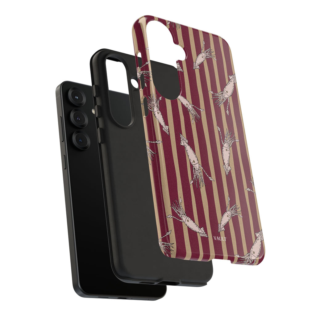 Phone Case - Vintage Shrimp Pattern on Burgundy Stripes