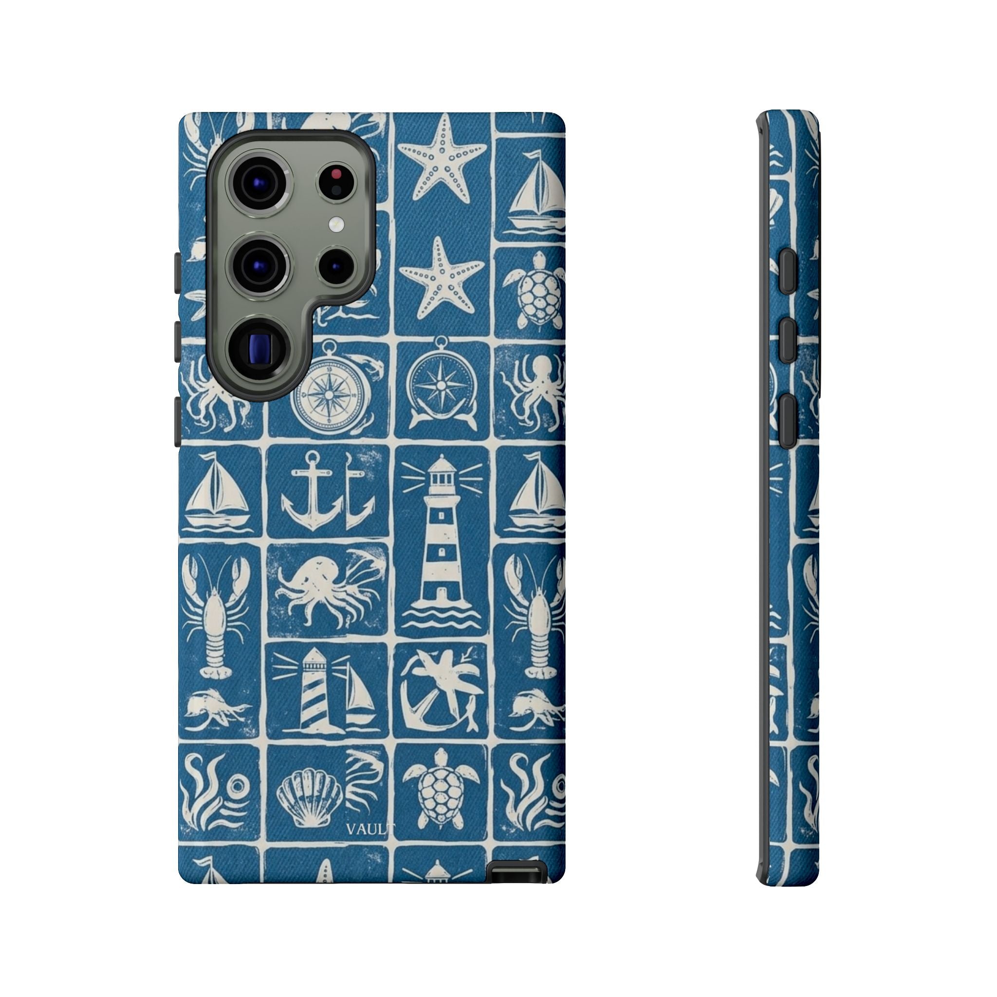 Nautical Tile Phone Case — Blue Coastal Icons (lighthouse, anchor, seashells)