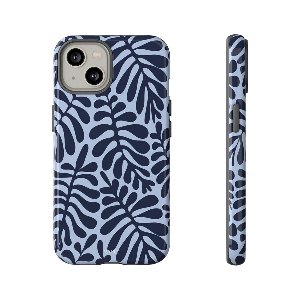 Floral Fern Tough Phone Case – Navy Blue on Light Blue, Protective Slim Cover