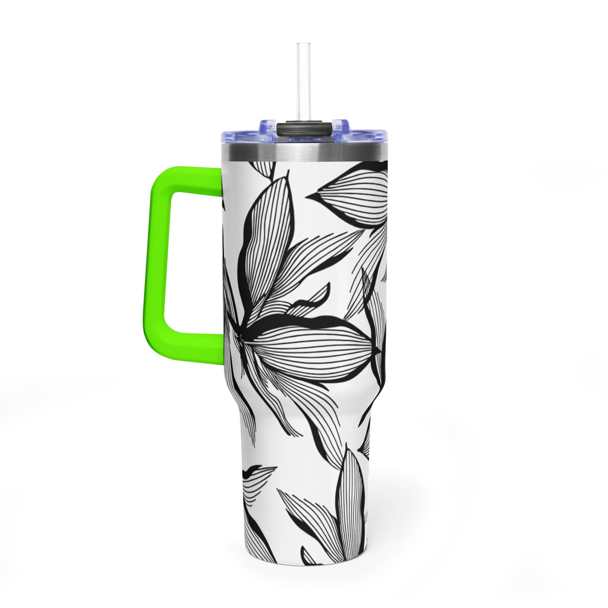40oz Floral Thermal Tumbler – Black & White Leaf Pattern Vacuum Insulated