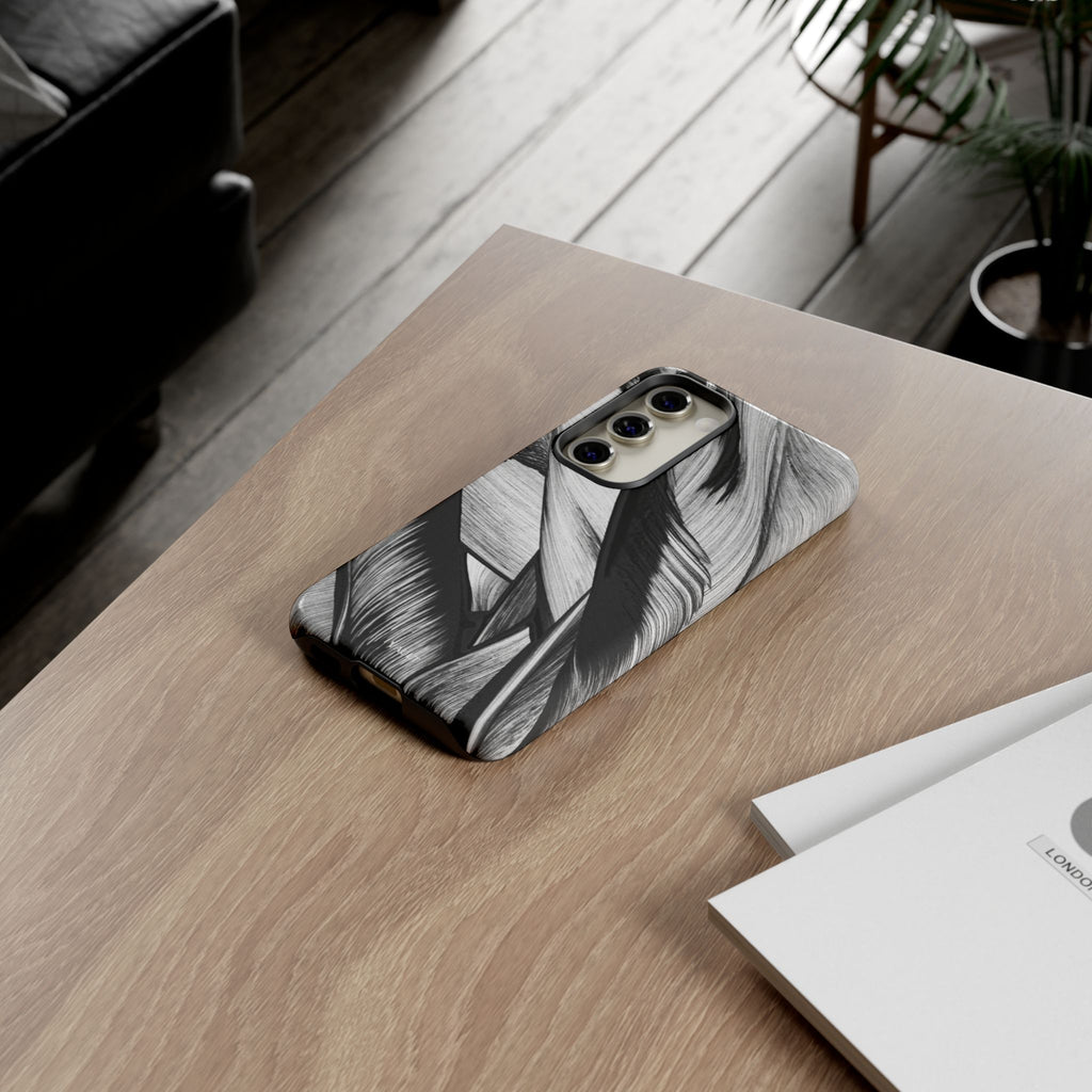 Monochrome Tropical Leaf Tough Phone Case — Black & White Botanical Protective Cover