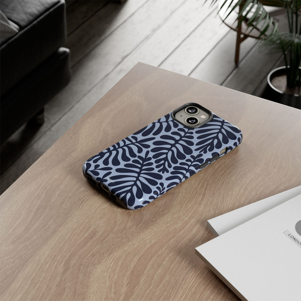 Floral Fern Tough Phone Case – Navy Blue on Light Blue, Protective Slim Cover