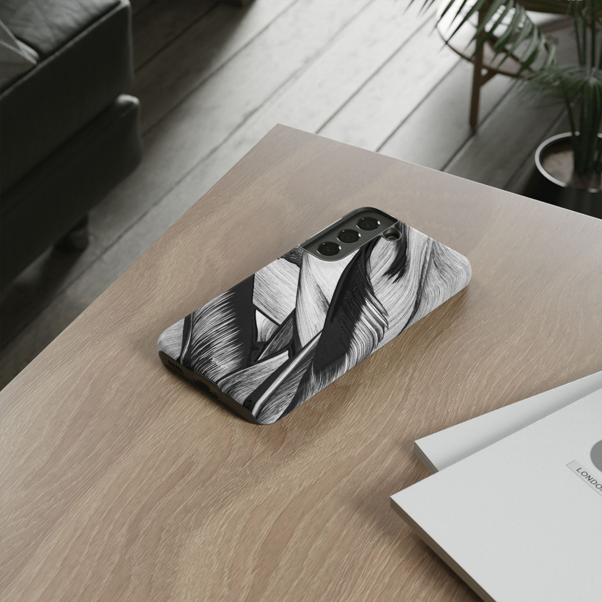 Monochrome Tropical Leaf Tough Phone Case — Black & White Botanical Protective Cover