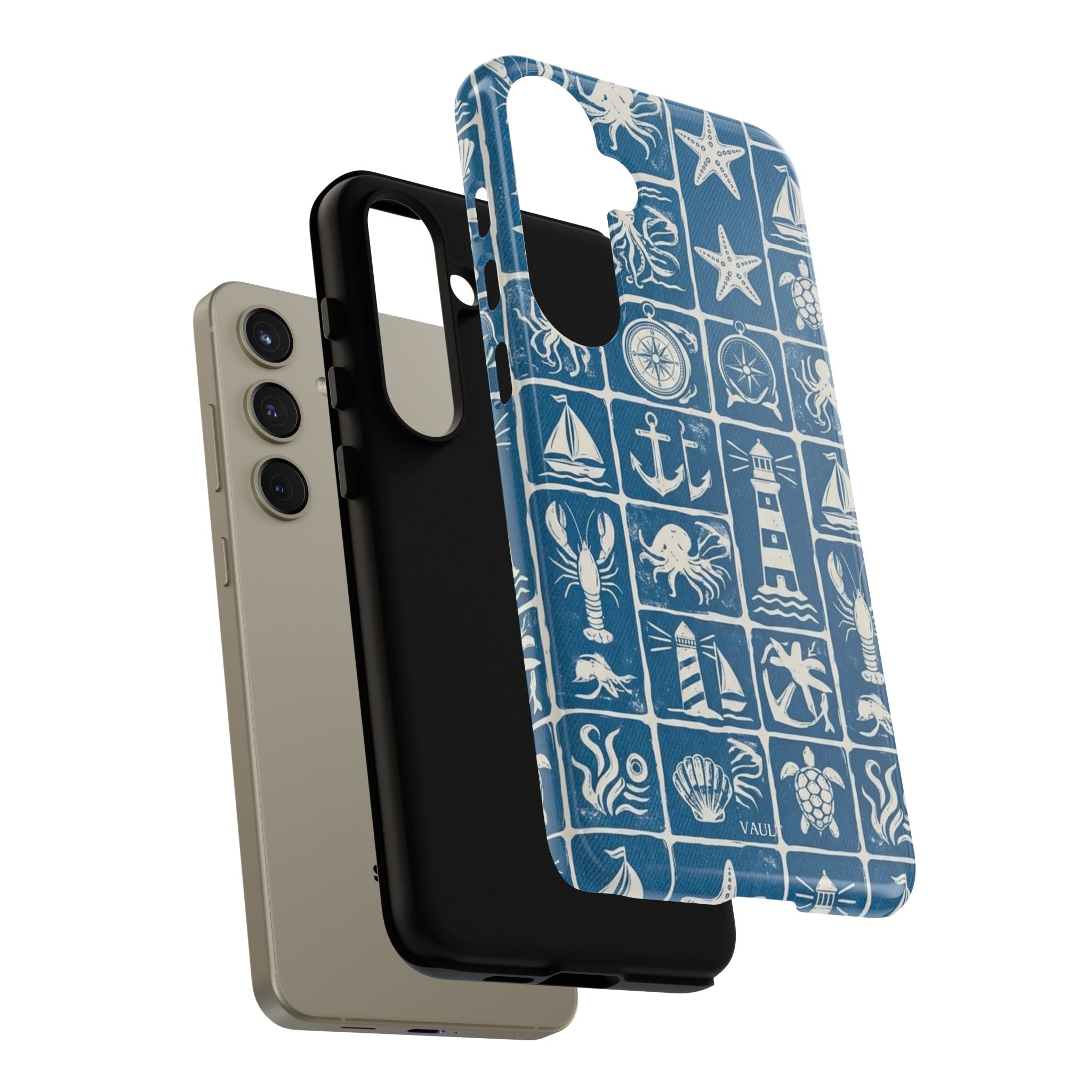 Nautical Tile Phone Case — Blue Coastal Icons (lighthouse, anchor, seashells)