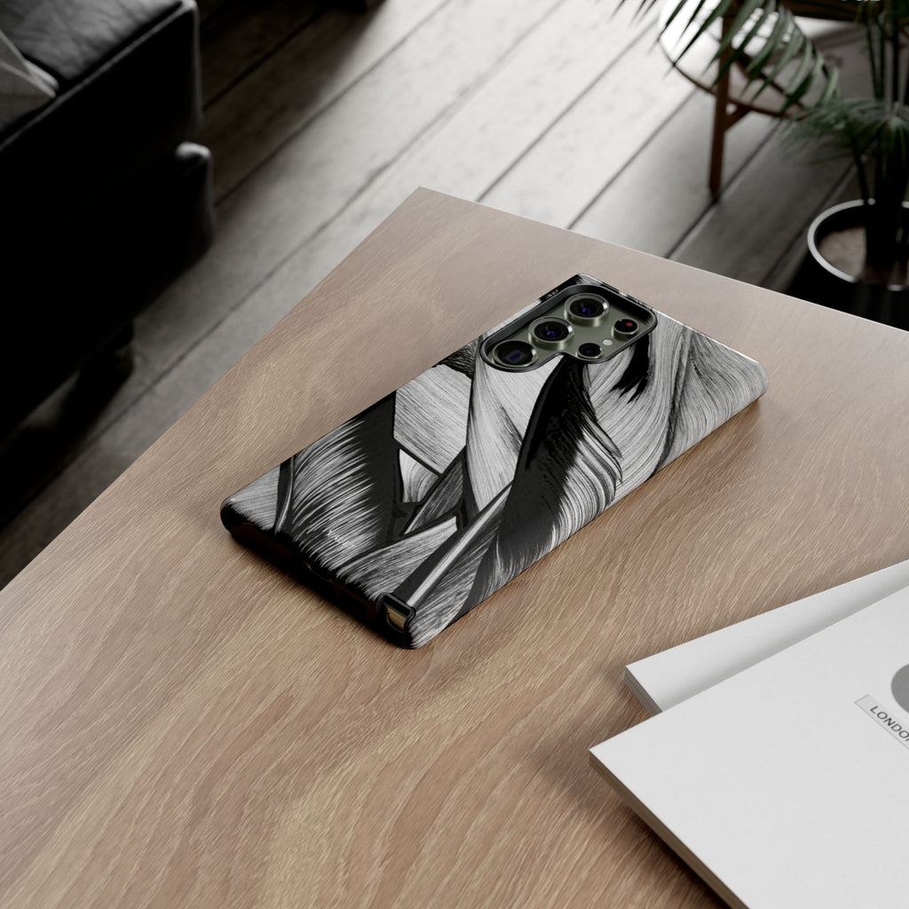 Monochrome Tropical Leaf Tough Phone Case — Black & White Botanical Protective Cover