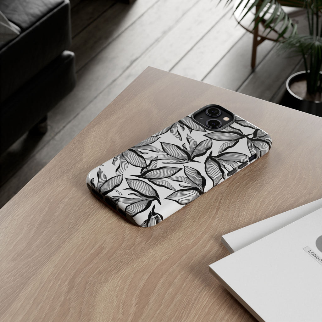 Floral Leaves Tough Phone Case – Black & White Botanical Protection
