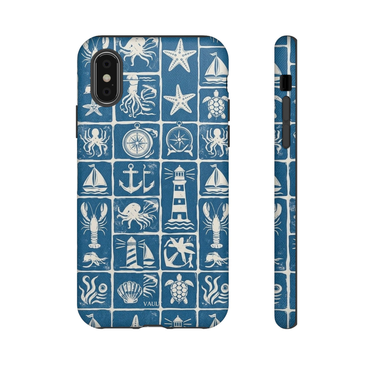 Nautical Tile Phone Case — Blue Coastal Icons (lighthouse, anchor, seashells)