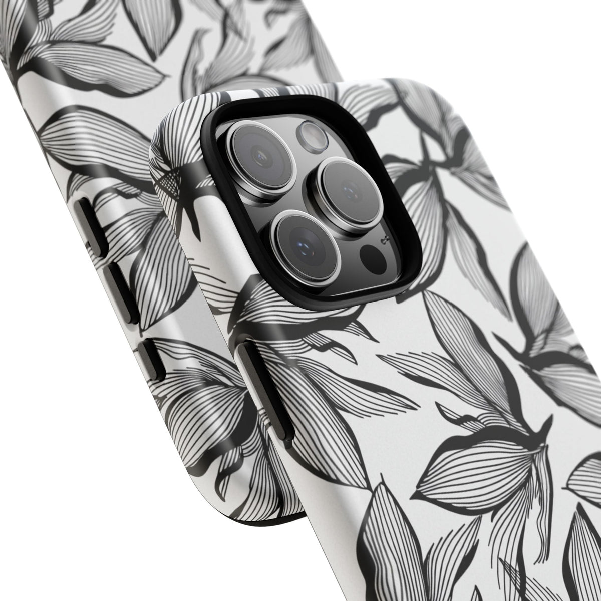 Floral Leaves Tough Phone Case – Black & White Botanical Protection