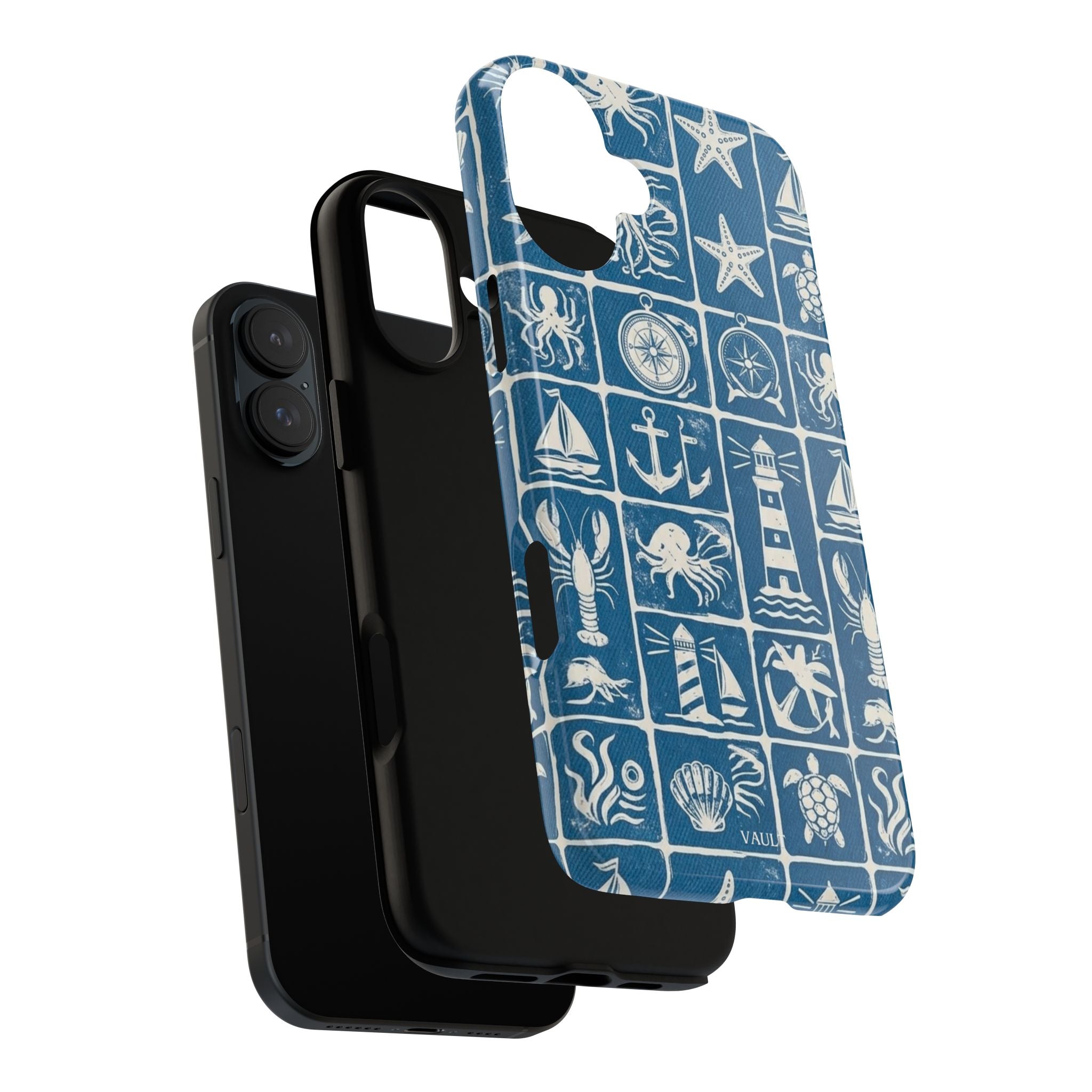 Nautical Tile Phone Case — Blue Coastal Icons (lighthouse, anchor, seashells)