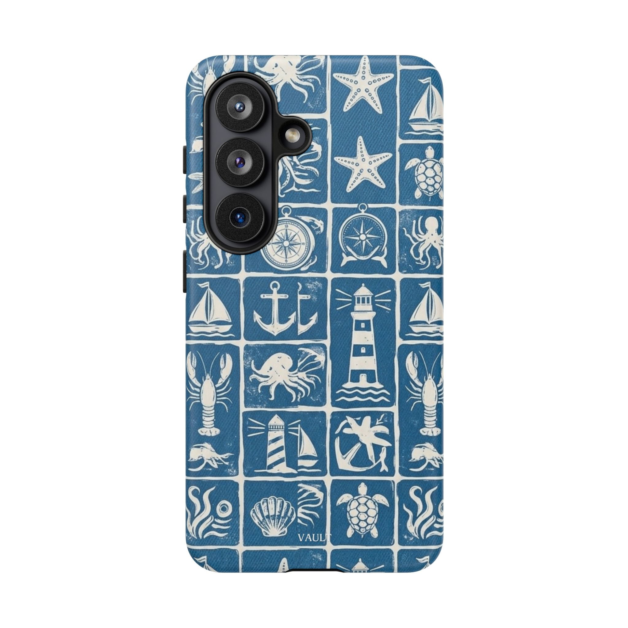 Nautical Tile Phone Case — Blue Coastal Icons (lighthouse, anchor, seashells)